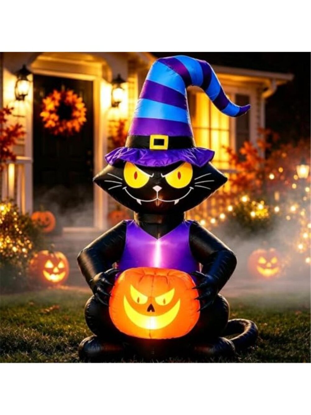 6FT Halloween Inflatable Black Cat, Lighted Yard Decoration with Witch Hat